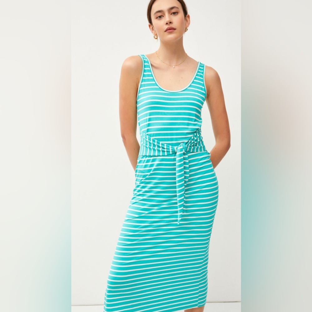 Ashli Sea Green Stripe Waist Tie Knit Midi Dress